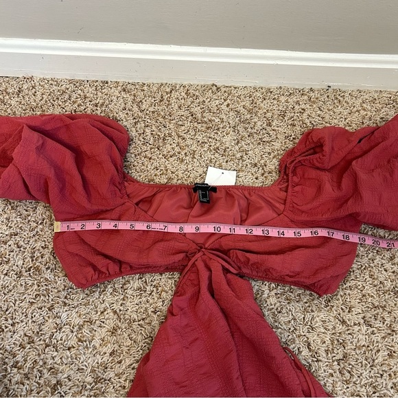 NWT Forever 21 Red Jacquard Puff Sleeve Cutout Mini Dress - Picture 11 of 12